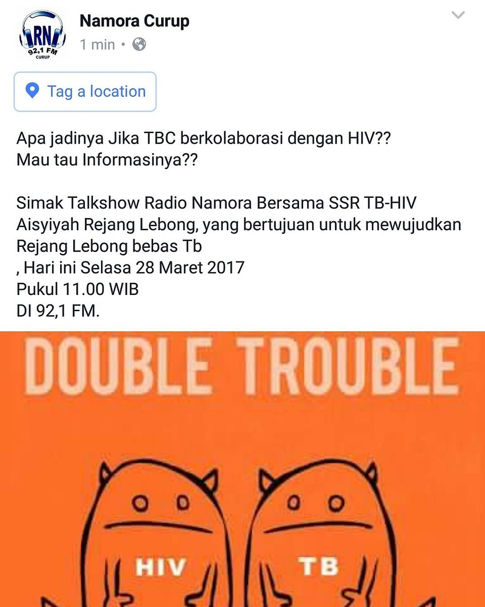 namorafm's tweet photo. Apa jadinya Jika TBC berkolaborasi dengan HIV??
Mau tau Informasinya??
Simak Talkshow Radio Namora Bersama SSR TB-HIV Aisyiyah Rejang Lebong https://t.co/aP92Ht9sqc