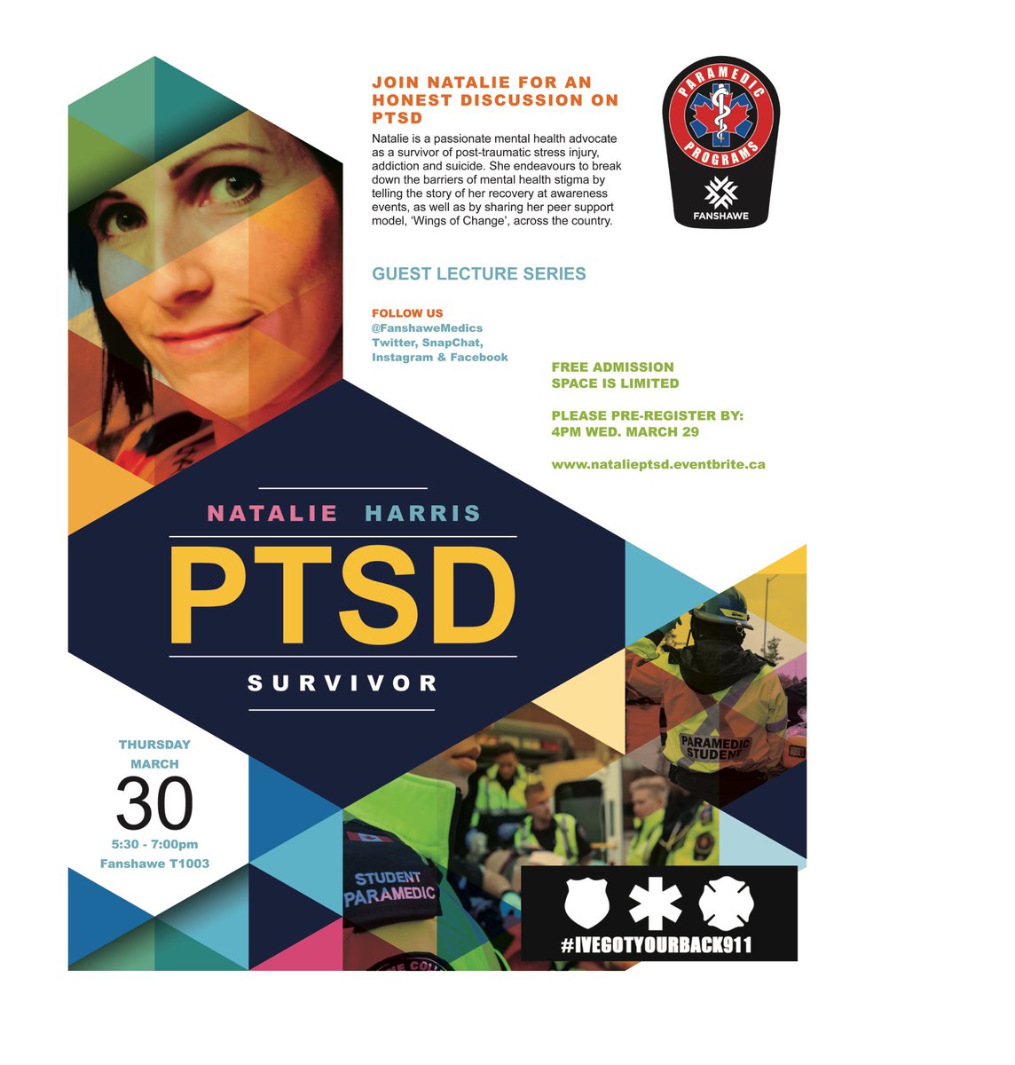 JustNatHarris's tweet image. Open to anyone! 200 tickets (no cost) Mar 30 @FanshaweCollege Meet @IGotYourBack911 and Luci! 🐶#savemylifeschool #wingsofchange #recovery