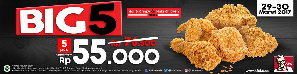KFCINDONESIA's tweet photo. TGL 29-30 Maret 2017 ke KFC Store yuk, promo #KFCBIG5 hadir kembali nih. :) https://t.co/XQjKhcVWmL