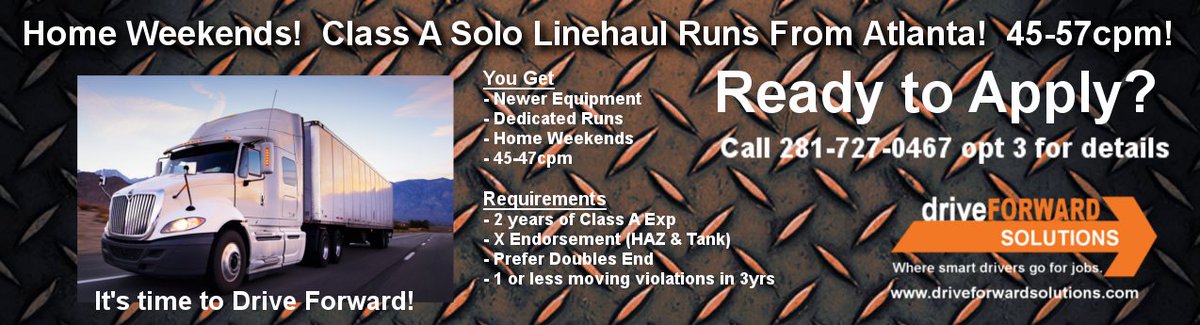 2DriveForward's tweet image. CDL A - Linehaul #Trucking #Job out of #Atlanta Home Weekends 45 - 47CPM Newer equipment. Small Comp. tinyurl.com/mon7h4e #2driveforward