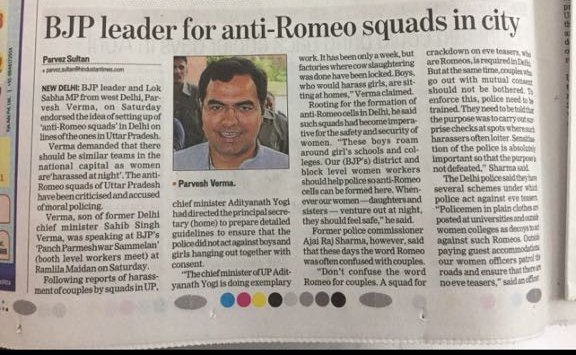 p_sahibsingh's tweet photo. Imperative need for #AntiRomeoSquads in #Delhi.#womensafety is top priority. Zero tolerance for #eveteasing &amp; #womenharrassment @htTweets https://t.co/zgYxfpQKud