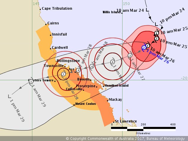 vanessaleemarsh's tweet image. #CycloneDebbie expected to intensify to a category three system overnight. Landfall as a Cat 4 predicted at 7am Tuesday. @tsv_bulletin