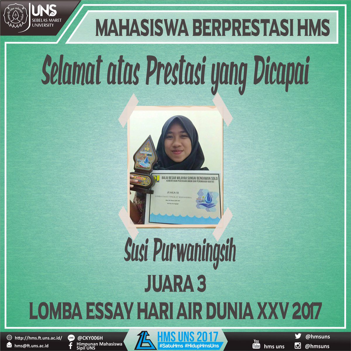 [SEPUTAR LOMBA]

Selamat kepada Susi Purwaningsih (I0114117) atas prestasi yang telah dicapai dalam LOMBA ESSAY HARI AIR DUNIA XXV 2017