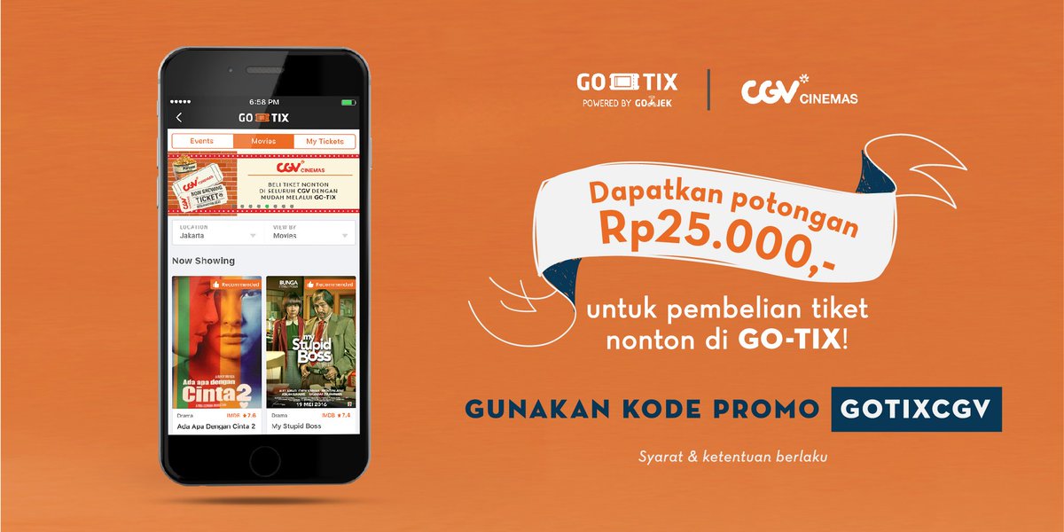 Beli tiket nonton CGV Cinemas di GO-TIX dpt potongan Rp25.000,- berlaku HARI INI! Cek di bit.ly/cgvgtcd