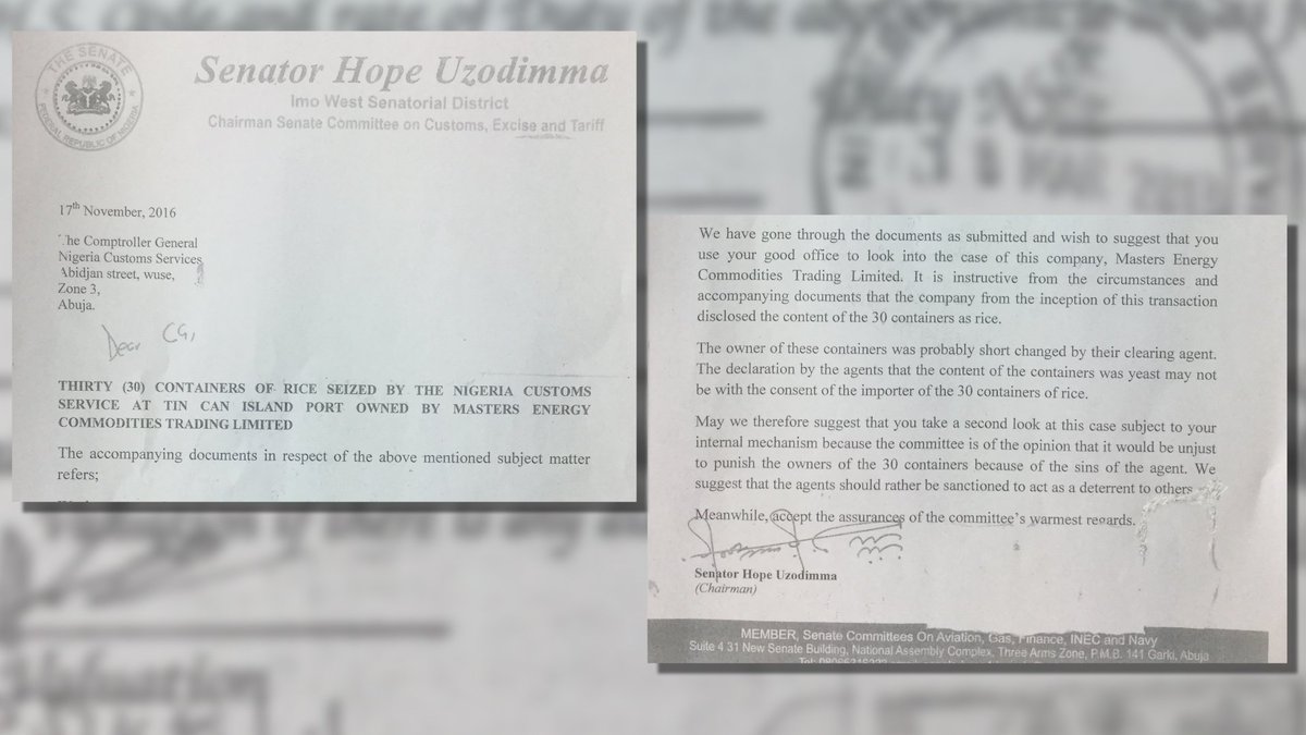 SaharaReporters's tweet photo. FLASH: Letter by Senator Hope Uzodinma putting pressure on Nigeria Customs to release 30 containers of Rice fraudulently imported @NGRSenate https://t.co/r0SSd1L5sX