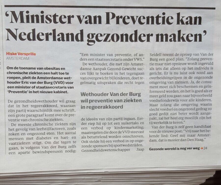 <a href="/parool/">Het Parool</a> "Wethouder <a href="/GAvoorgezond020/">ZoBlijvenWijGezond</a> wil preventie in regeerakkoord" Wat goed dat <a href="/ericvanderburg/">Eric van der Burg</a> en <a href="/jaapseidell/">jacob seidell</a> zich hier sterk voor maken!