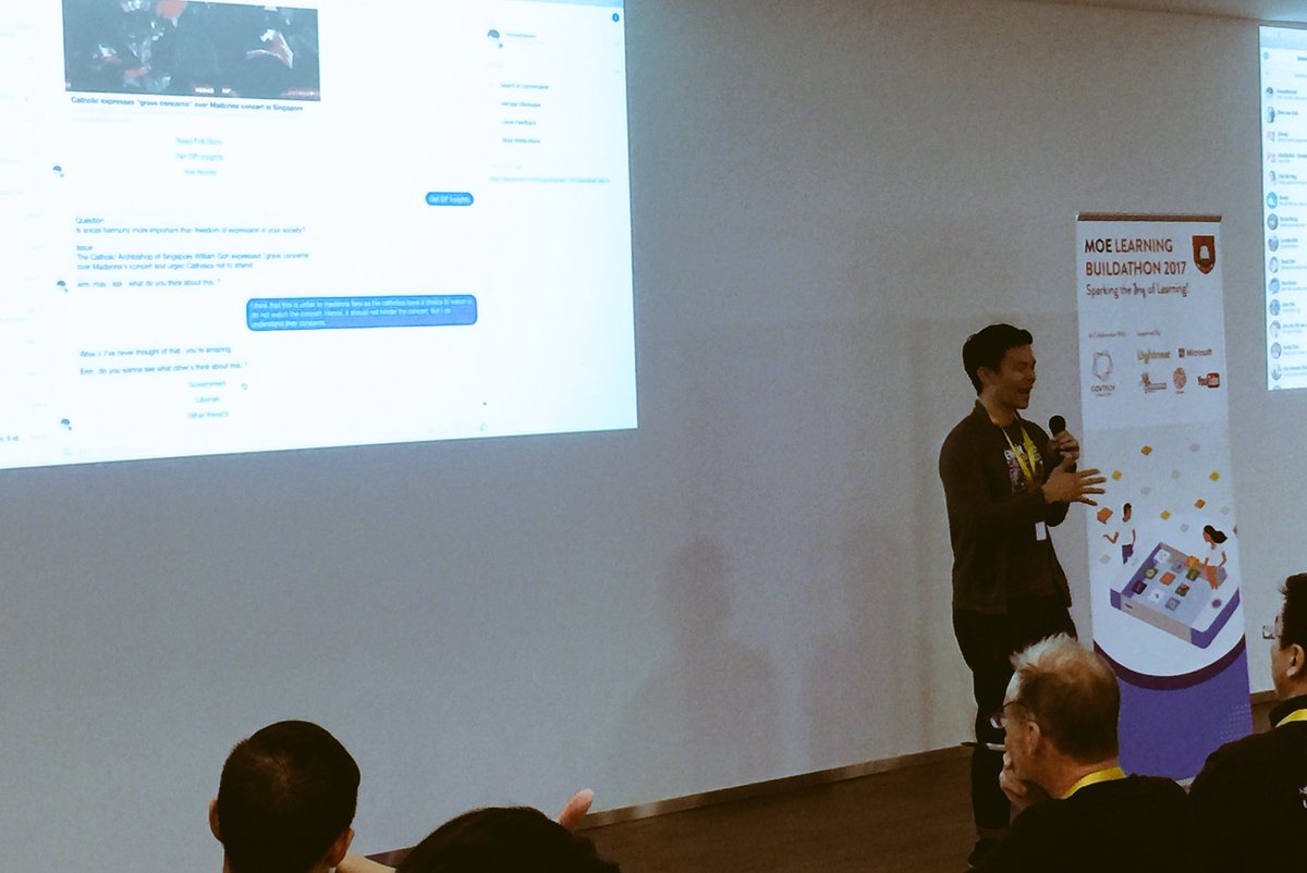 BillyTeoYH's tweet photo. Good news for #generalpaper students? Nooey the #chatbot gives one article a day for discussion. #LearningBuildathon https://t.co/jCLuodSUjg