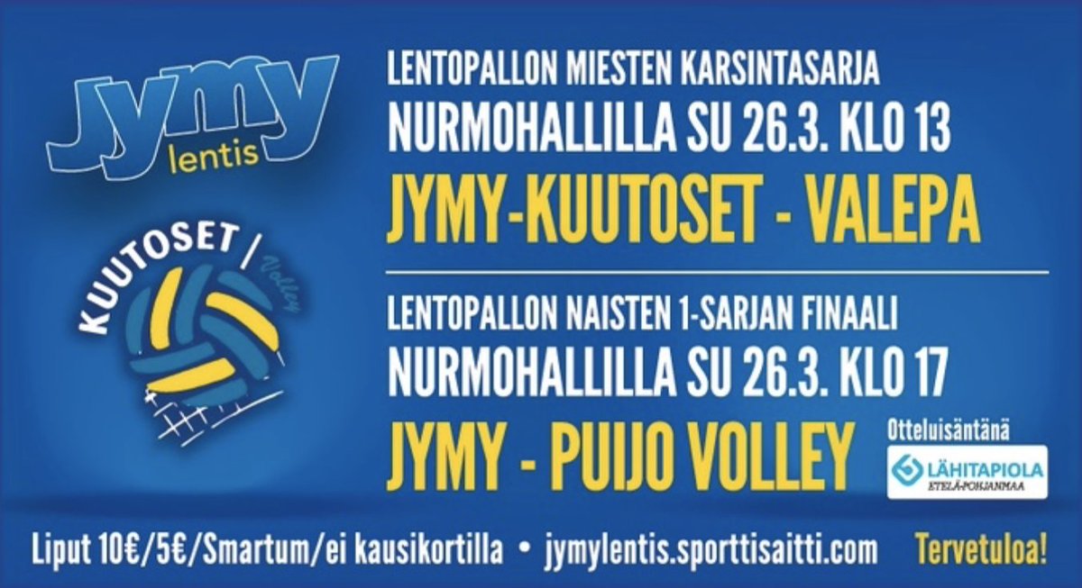 Seuraa 1-sarjan finaaleja klo 17:

NurmonJymy-<a href="/PuwoNaiset/">Puijo Wolley Naiset</a>
lml-web.dataproject.com/LiveScore.aspx…

<a href="/AkaaVolley/">Akaa-Volley</a>-<a href="/SusirajaVolley/">Susiraja Volley</a> 
lml-web.dataproject.com/LiveScore.aspx…