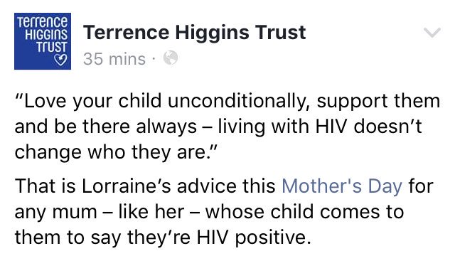 THTorguk's tweet image. It&apos;s #MothersDay. Here&apos;s Lorraine&apos;s advice to mums whose children tell them they&apos;re living with HIV: facebook.com/TerrenceHiggin…