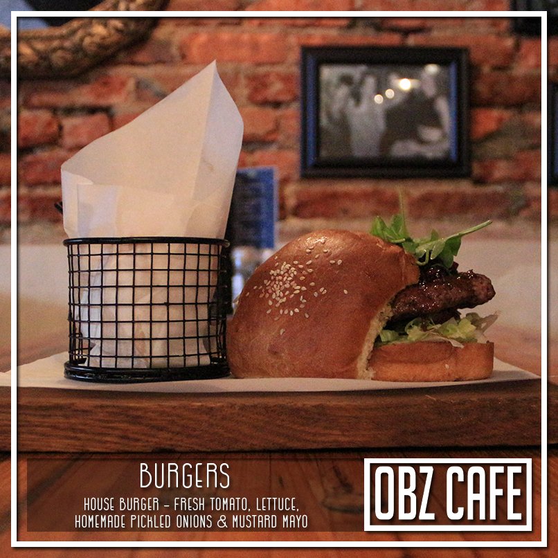 House Burger - Fresh tomato, lettuce, homemade pickled onions &amp; mustard mayo. #Burgers #ObzCafe #ObzviouslyAwesome
