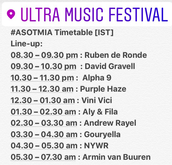 ASOTFestIndia's tweet photo. Here's the Timetable for #ASOTMIA (Indian Standard Time)

RT and spread it. #ASOTStage #ASOT800 #Ultra2017 https://t.co/xmokZAWxqj