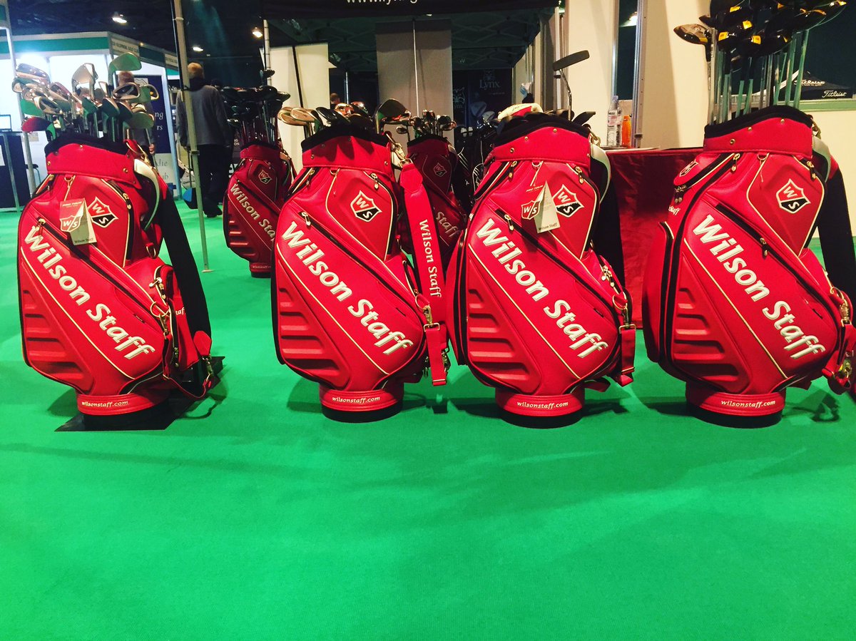WilsonGolfEU's tweet photo. Tour bags lined up ready for the last day of the golf show. #scottishgolfshow #wilsonred #wilson https://t.co/iyfSm0wnWd