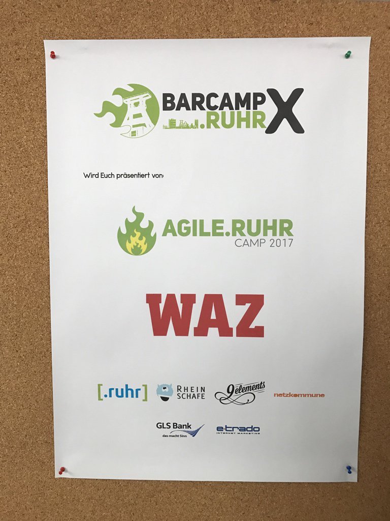 PottblogLive's tweet photo. Danke für's @barcampruhr an Sponsoren @WAZ_Essen @agileruhr @dotruhr @rheinschafe @9elements @netzkommune @glsbank &amp;  @etradogmbh! #bcruhrX https://t.co/zEyaoRe1Lf