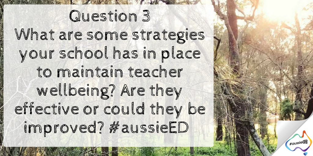 hollis_k_'s tweet photo. Q3. What are some strategies your school has in place to maintain teacher wellbeing? Are they effective or could they be improved? #aussieED https://t.co/kJTKG39ScC