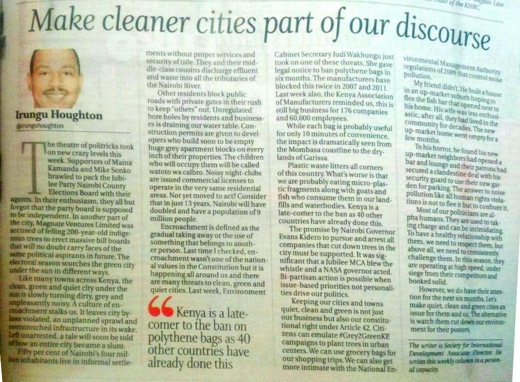 irunguhoughton's tweet photo. Clean, green and quiet cities are possible. Confront abuses, fleeing them only emboldens. Today's @StandardKenya article #grey2greenKE https://t.co/HQMhq8swFG