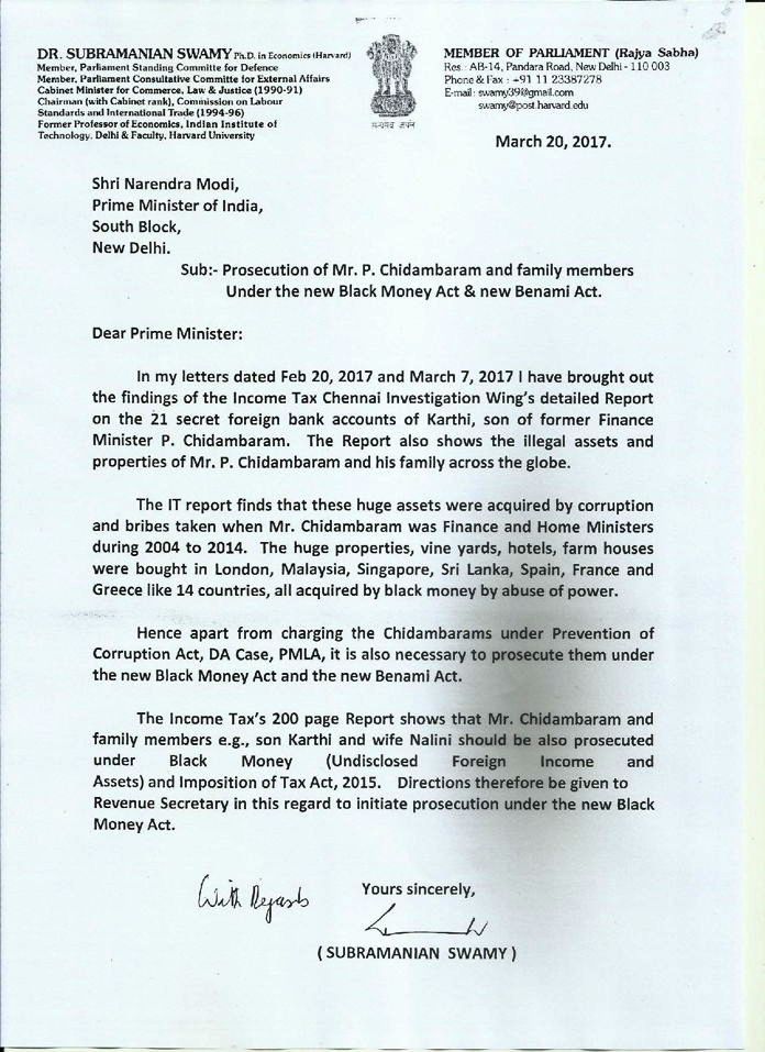 vhsindia's tweet photo. Dr Swamy writes to PM, urges PM to prosecute Chiddu family (PC, KC and NC) under PCA, PMLA, DA, Black money act and Benami act

@Swamy39 https://t.co/4Dcnc5n11w