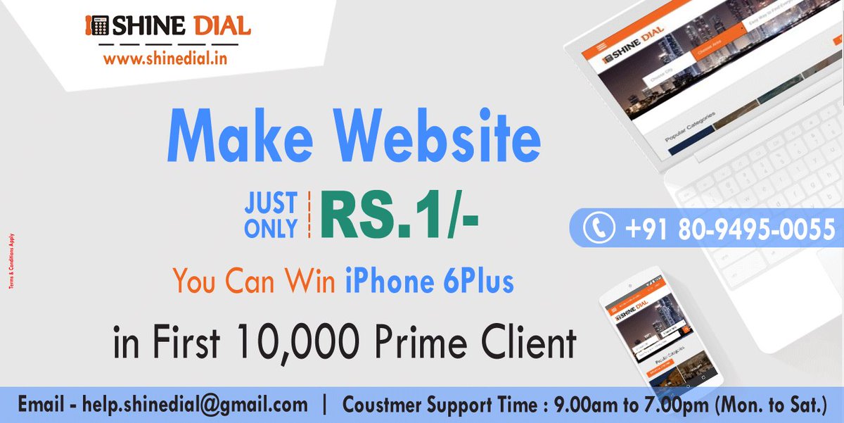 shinedial's tweet photo. #MakeWebsite Just Only 1/-
#YouCan Win #iPhone6Plus
in #First 10,000 #PrimeClient #BumperOffer
#HurryUp & Apply your #Luck @PMOIndia https://t.co/VHKbxuJSko