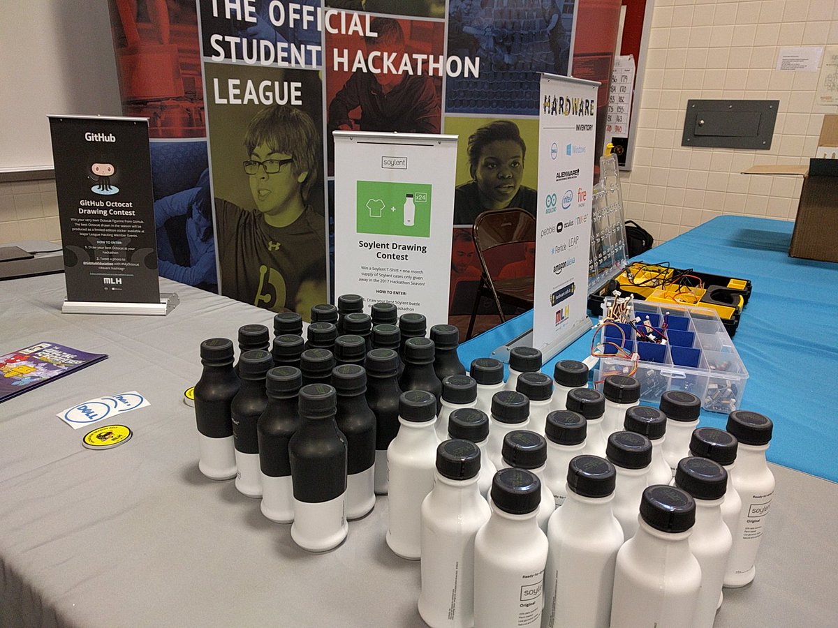 MLHacks's tweet photo. Morning round of @Soylent is out @HackTJOfficial grab it at the MLH table. Remember to do your #SoylentCanvas drawings! #HackTJ https://t.co/34yLOW8F3t