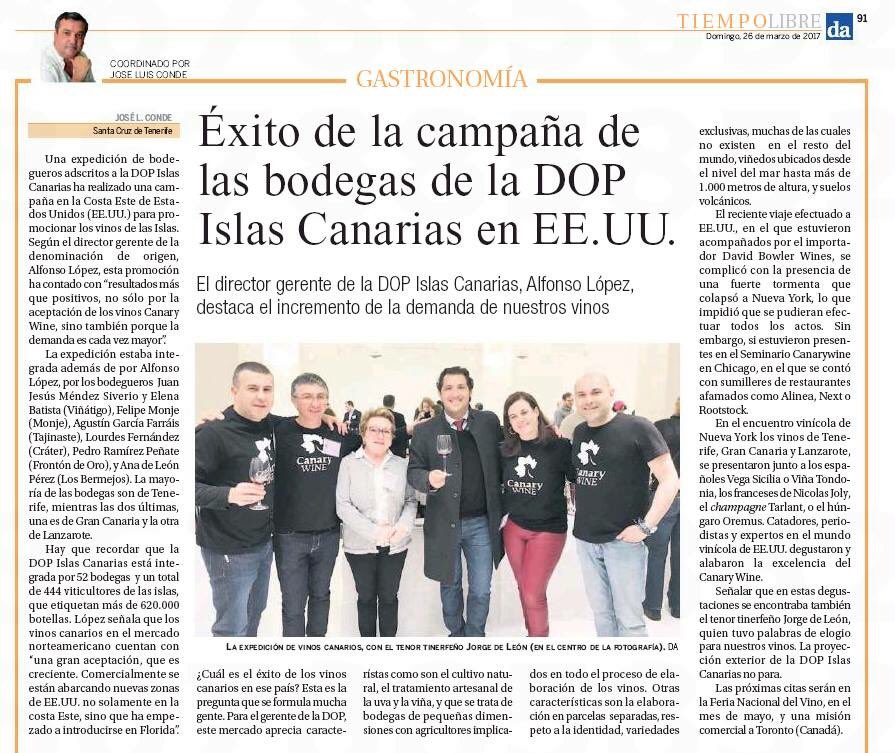 AlfonsoJLT's tweet photo. Éxito de la campaña de la DOP Islas Canarias en Estados Unidos. Gracias al amigo José L. Conde y al Diario de Avisos. #CanaryWineUSA https://t.co/yXf6zp7TeZ