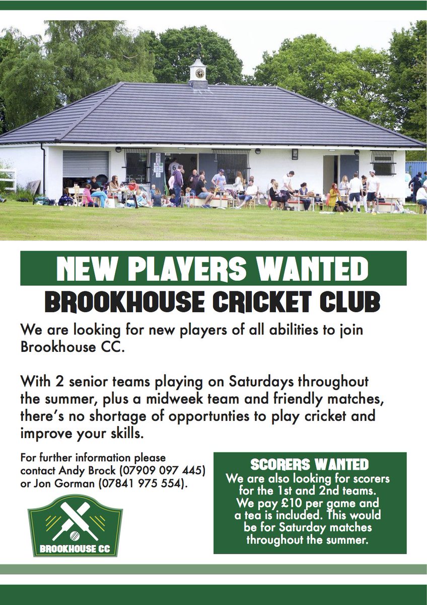 BrookhouseCC's tweet photo. We are looking for new players of all abilities - all welcome! Not long til the start of the new #cricket season. Tweet us for more info. https://t.co/KYsFukBrA0