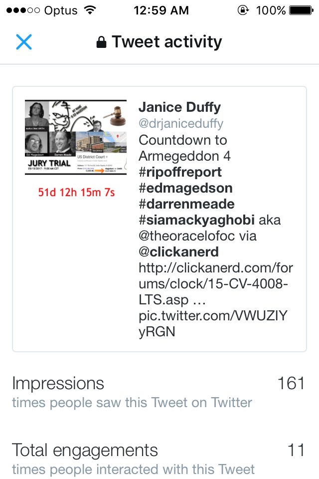 drjaniceduffy's tweet photo. @ClickaNerd seems your countdown to Armageddon clock for #ripoffreport #edmagedson #darrenmeade is popular @ClickaNerd https://t.co/QqKX1aGsf5