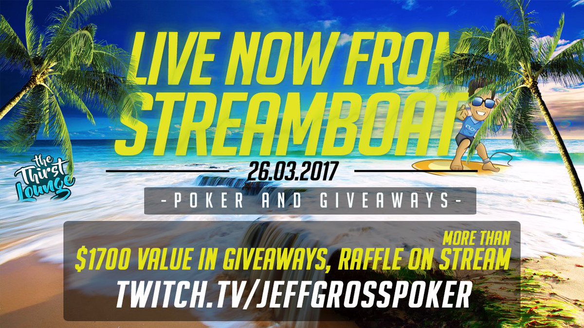 #StreamBoat today; Giving away $1,000 cash; $215 Sunday Million ticket &amp; over $500 more in Value! JeffGrossPoker.tv ! LIVE NOW!