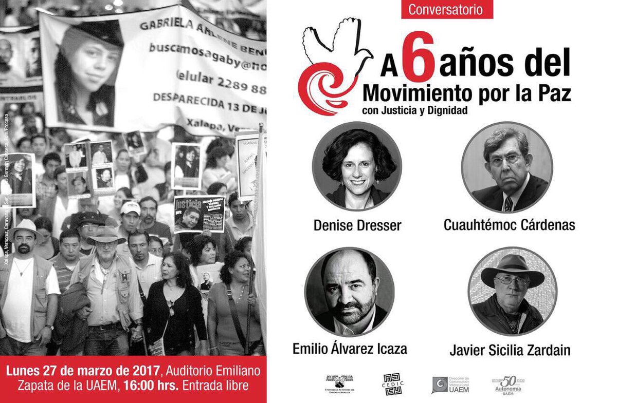 A 6 años del <a href="/MxLaPazMx/">MovimientoxPazMéxico</a> seguimos hasta la madre. Diálogo con Javier Sicilia <a href="/DeniseDresserG/">Denise Dresser</a> <a href="/EmilioAlvarezI/">Emilio Álvarez Icaza Longoria</a> <a href="/c_cardenas_s/">Cuauhtémoc Cárdenas</a> 27 de marzo 16 hrs