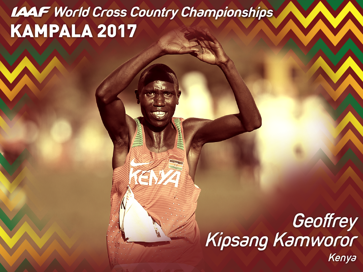 WorldAthletics's tweet photo. Kenya's Geoffrey Kamworor becomes the first man in 11 years to defend his world cross country crown with a 28:24 victory!

#iaafkampala2017 https://t.co/8ehGrkKhTi