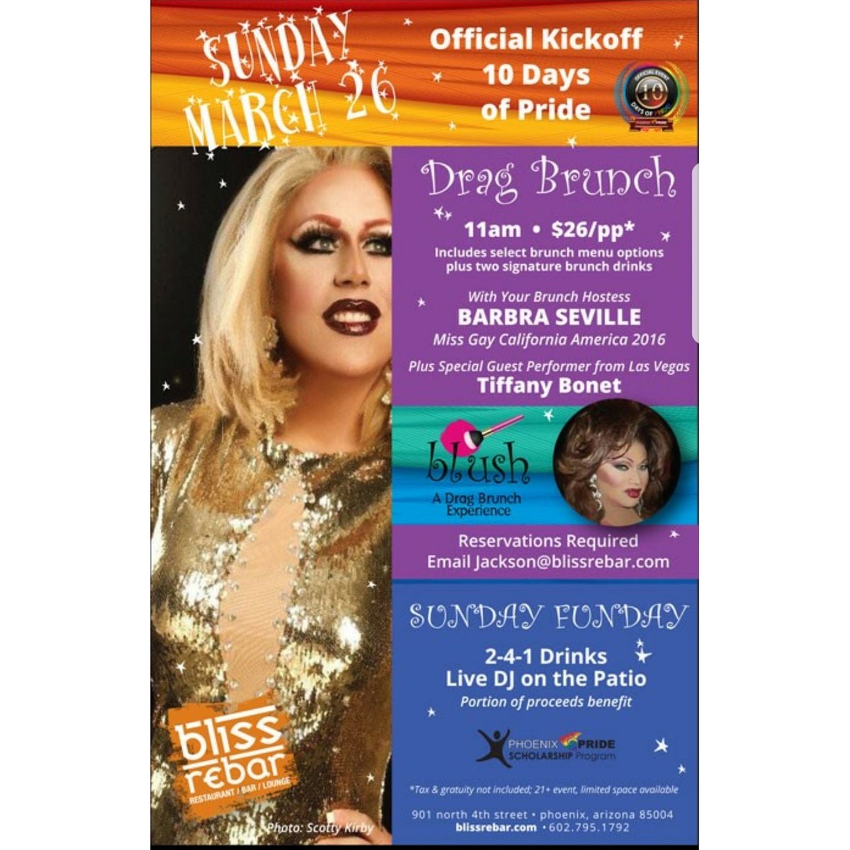 PhoenixPrideAZ's tweet photo. Start your #SundayFunday @blissrebar, an official #10DaysofPride event with your #brunch hostess @thebarbra1! #StandUpStandProud #phxpride https://t.co/qfxSIQIkhR