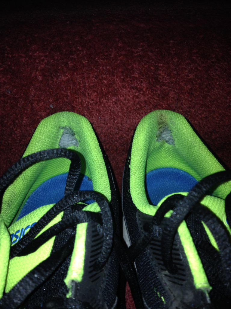 pauldbate's tweet photo. @ASICSUK can u tell me how many miles GT1000 V5 should last? I have a pair that have done 224m &amp; r now unusable as the inside heels damaged https://t.co/Civy9KY8uy