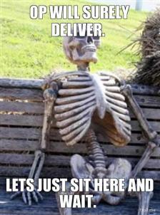 a skeleton sitting on a bench, with the caption "OP WILL SURELY DELIVER. LETS JUST SIT HERE AND WAIT."