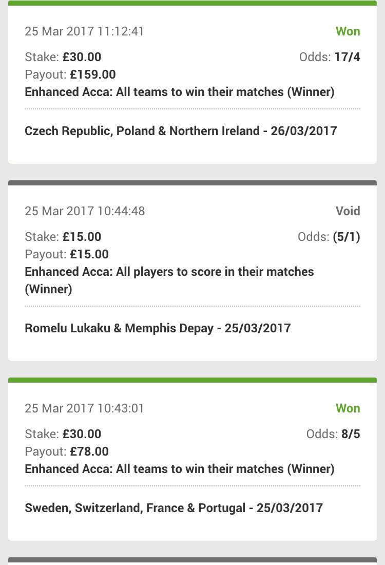4 days. 
£110 total staked. 
£607 total returned.
£497 PROFIT.

I LOVE THE INTERNATIONAL BREAK 🤑🤑🤑