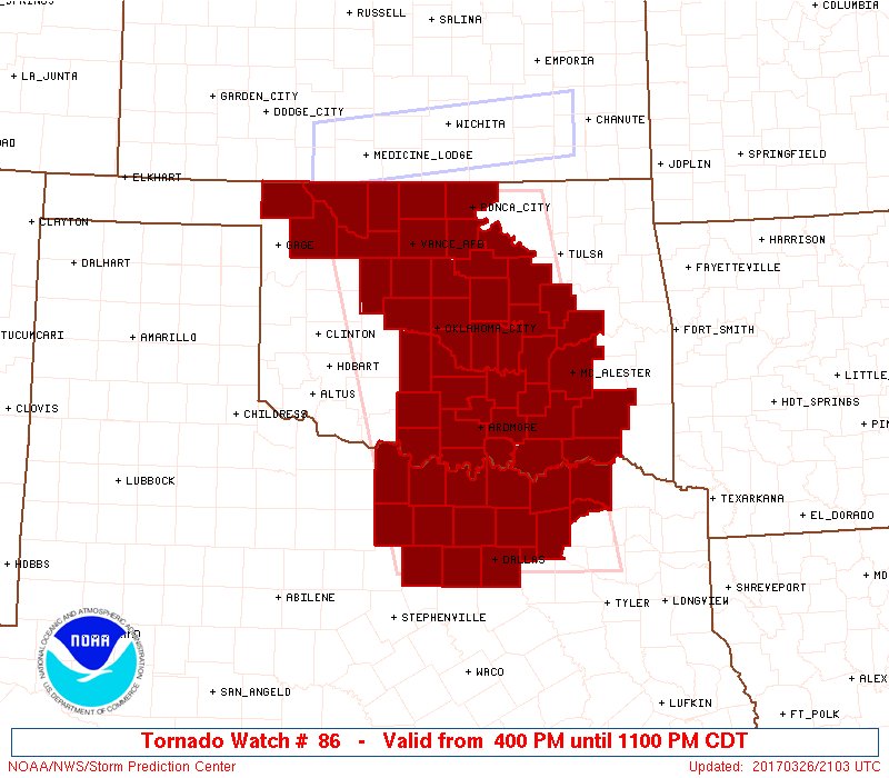 405pm - here's the map of the tornado watch, valid until 11pm. #okwx #txwx