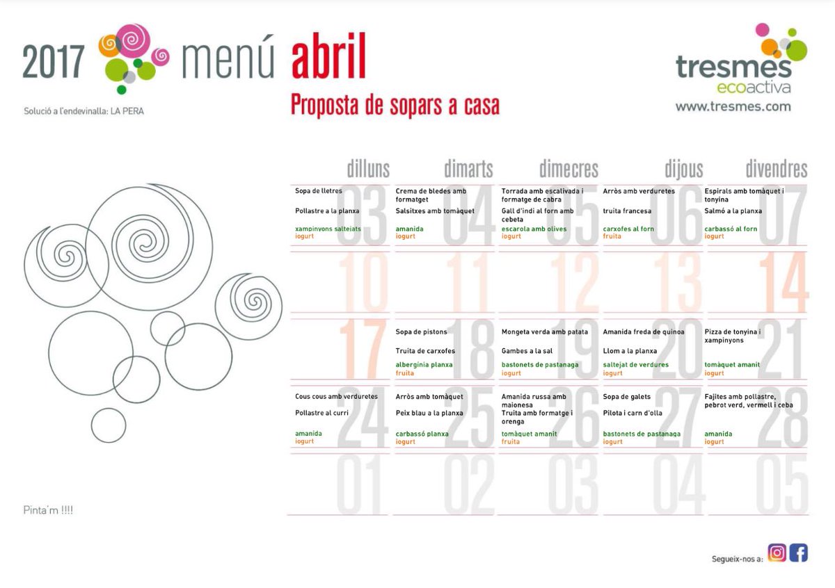 AjCastelltersol's tweet photo. Us portem el Menú del Menjador Escolar d'Abril @InstitutEscola #llarinfantsespurna i proposta de sopars #castellterçol #moianès https://t.co/Q61O75nxTx