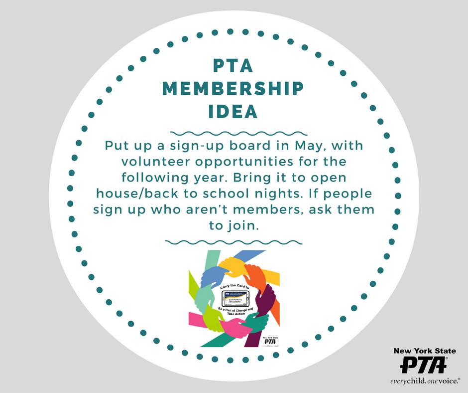 NYSPTA's tweet photo. #MembershipTip: Put up a sign-up board in May, with volunteer opportunities for next year. #carrythecard #beapartofchangeandtakeaction https://t.co/HkGSWtb42M