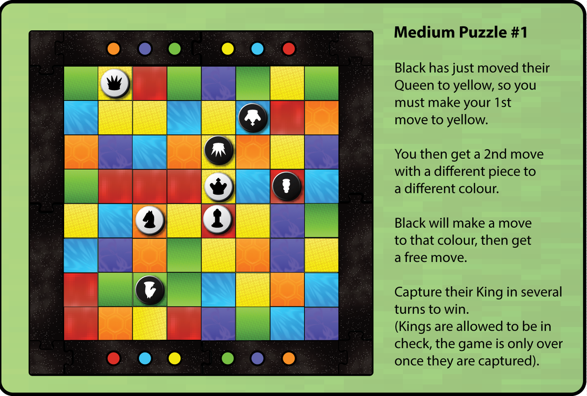 dogearedgames's tweet photo. A #chesspuzzle on the #colourchess board. Can you beat it? #chess #gaming https://t.co/X4Zrb4pl14