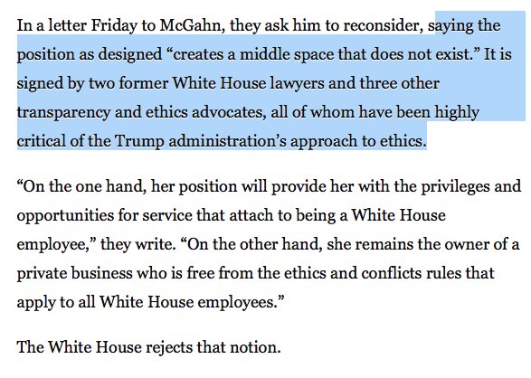 kylegriffin1's tweet photo. Gov't watchdogs to W.H. Counsel: Give Ivanka an official title or risk conflict of interests w/ her business. https://t.co/bOQTQBGeKw https://t.co/aCgpst7fdx