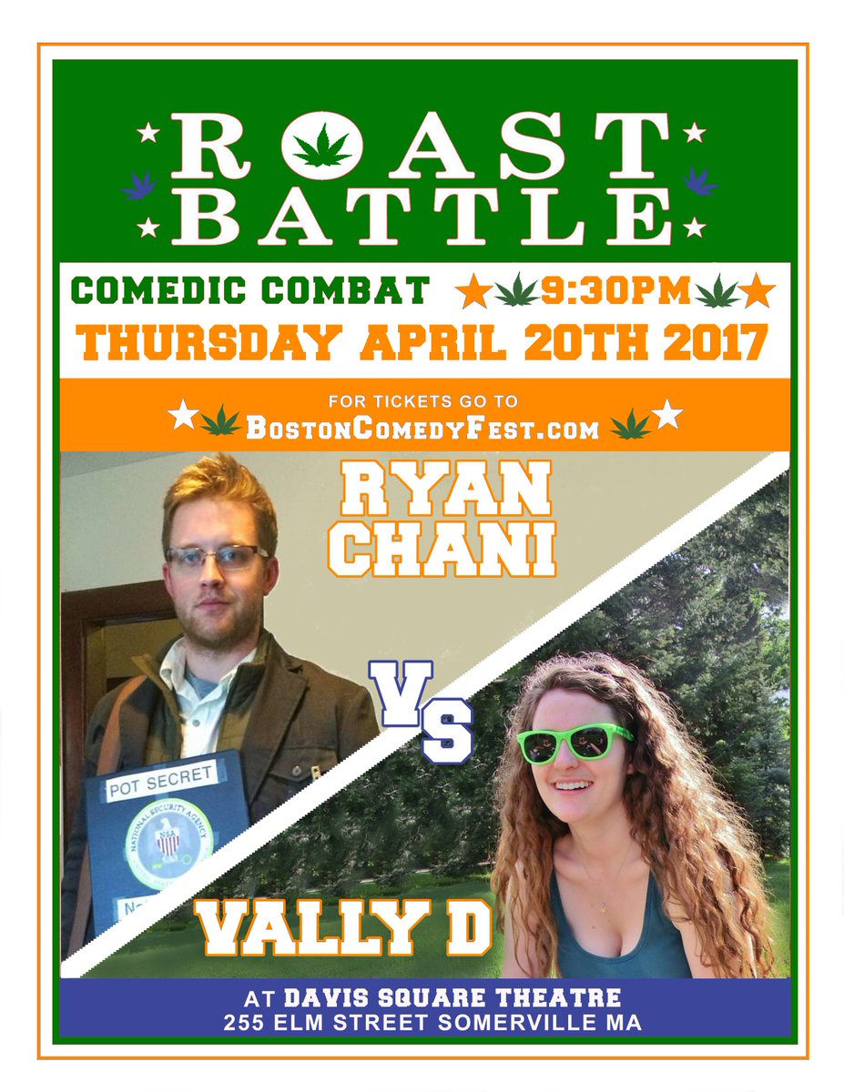 RoastBattleMASS's tweet photo. First matchup announcement for the 4/20 edition. It's @RyanChani vs @VDikovitskaya at 9:30pm at @RockwellThtr tix available soon. Stay tuned https://t.co/vsfGadWP87