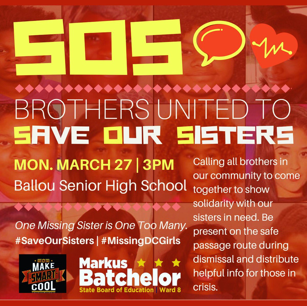 MarkusSBOE's tweet photo. It's time for #Ward8 to step up & #SaveOurSisters. Join us at @BallouDC tmrw at 3pm to make sure there are no more #MissingDCGirls. https://t.co/aavoVcEMTI