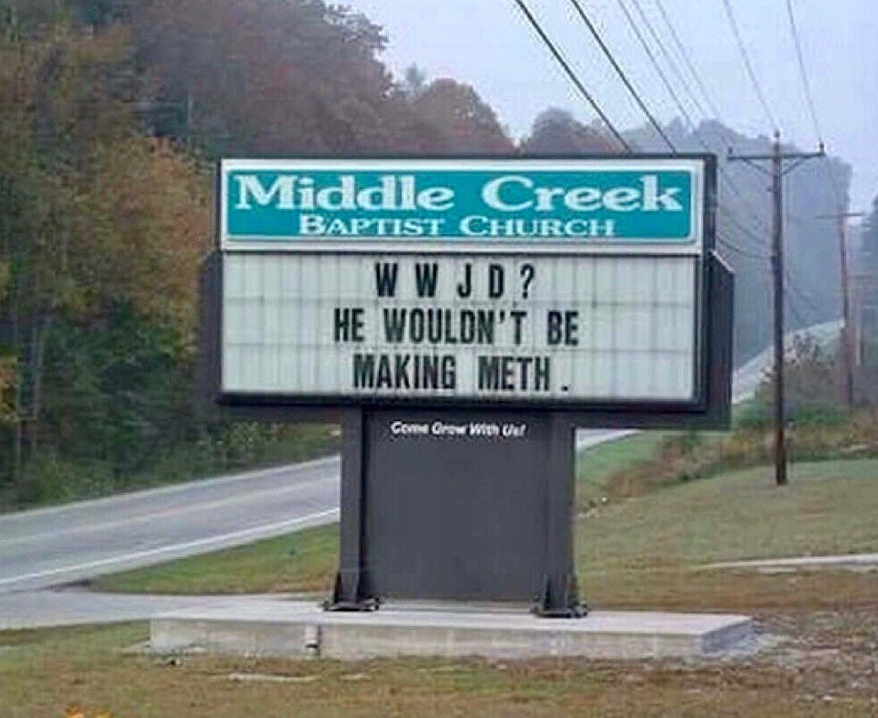 LloydLegalist's tweet photo. Shout out to Middle Creek Baptist for answering a question that has stymied even the best theological minds. https://t.co/qxYklI9KCg