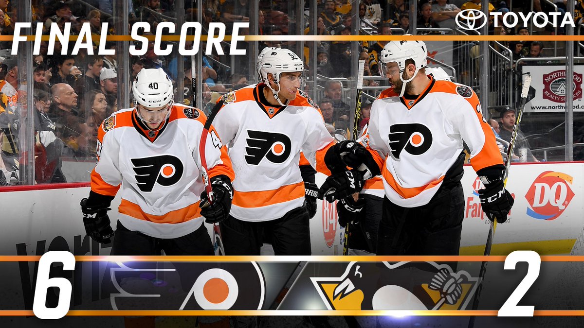 #Flyers take down the Penguins, 6-2!!! 🎉🎉 #PHIvsPIT  Next Game: Tuesday vs. Ottawa, 7PM. https://t.co/wcfdSTpsfw