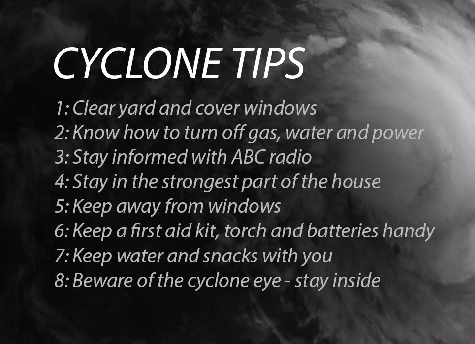 #CycloneDebbie TIPS: PLEASE SHARE to help keep people safe! Cyclone guide: ab.co/CyclonePlan
Latest warnings: bom.gov.au/cyclone
