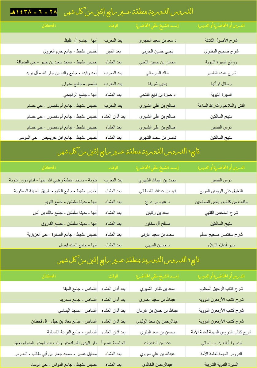 📚#الدروس_الدورية_بعسير
🕗الإثنين ٢٨-٦-١٤٣٨
📍#أبها
📍#خميس_مشيط
📍#أحد_رفيدة
📍#بللسمر
📍#تنومة
📍#النماص
📍#البرك
📍#محايل_عسير
👇تفاصيل