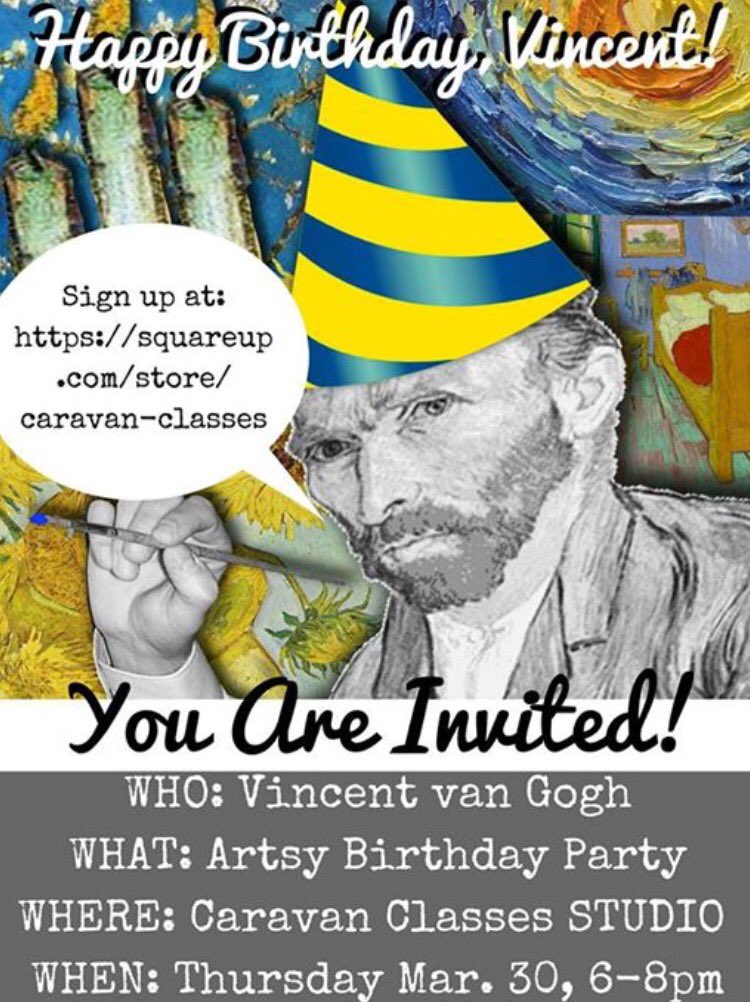 CaravanClasses1's tweet photo. We are throwing a birthday bash for this guy! All ages welcome! #Vincent #noblesville #art #caravanclasses #1853 https://t.co/VmHUIzczm8