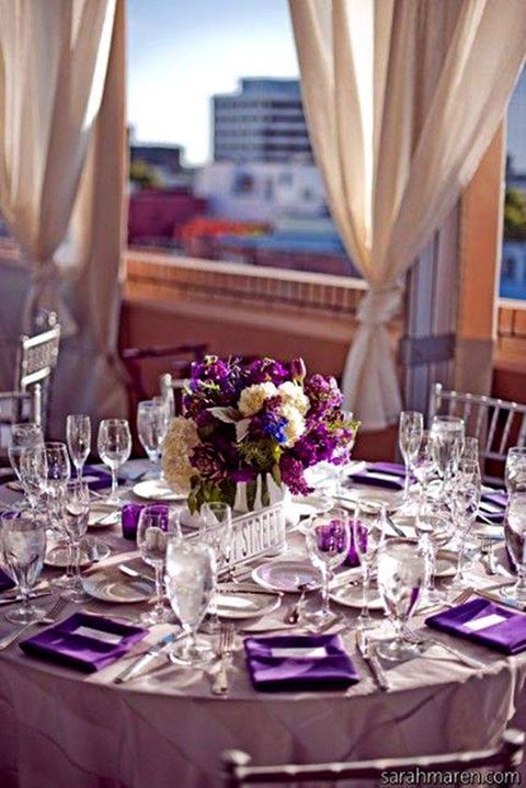 Using different shades of just one color can be elegant and beautiful like this purple wedding table ~ Sarah Maren Photography