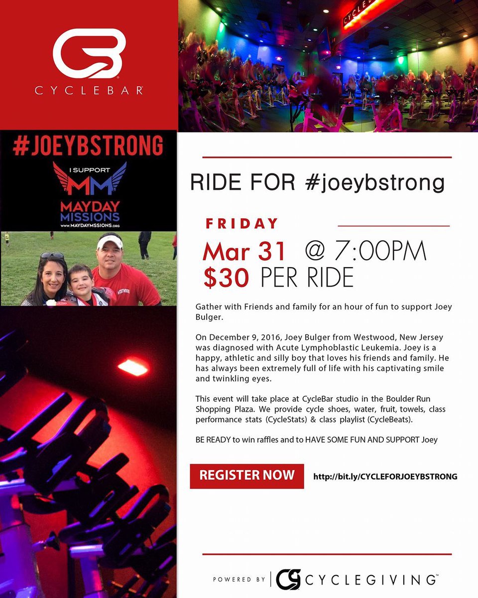 MaydayMissions's tweet photo. Spots are still available CycleBar Ride 3/31 Friday 7PM #CycleBarWyckoff! Register at: https://t.co/5xGk7VpVxp #JoeyBStrong https://t.co/QOkcPNh1Ic