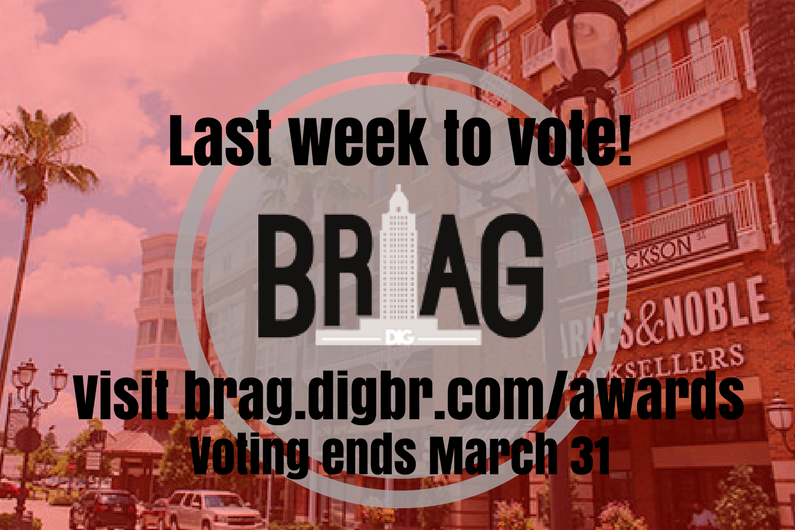 PerkinsRoweBR's tweet photo. Last week to vote for @DigBatonRouge #DIGBRAG Awards! Vote today for a chance to win a $3,000 Perkins Rowe shopping spree! Vote by 3/31! https://t.co/68uwwgKDzc