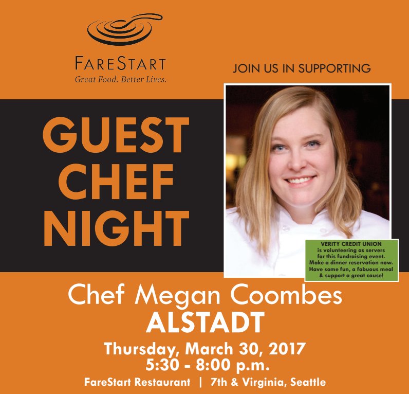 We're servers <a href="/farestart/">FareStart</a> Guest #Chef Night feat Chef Megan Coombes of <a href="/AltstadtSeattle/">Altstadt</a> 3/30 5:30-8pm Good food/cause bit.ly/2mqNex7