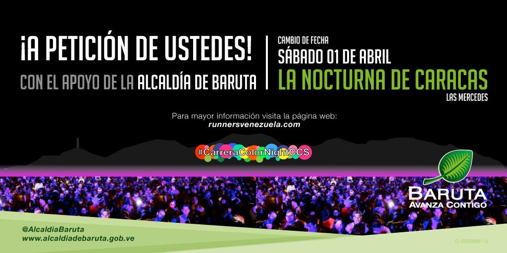 AlcaldiaBaruta's tweet photo. Te Invitamos a participar en la #CarreraColorNightCCS de @RunnersVzla que se efectuará el #01abr. https://t.co/fxnY40p0XN