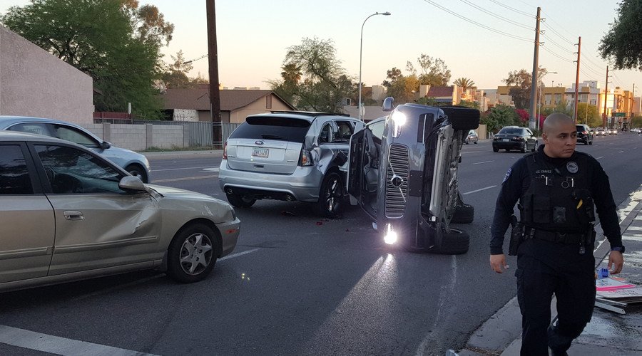 RT_com's tweet photo. #Uber suspends self-driving car tests after autonomous vehicle crash in Arizona (VIDEO, PHOTO) https://t.co/EDjXorogvH https://t.co/yl0mlatJ36